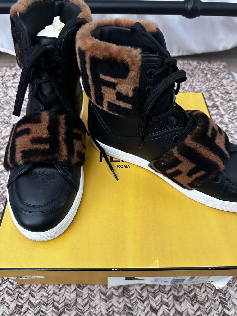Fendi Black Leather High-Top Sneakers with Brown FF Fur Accents Like New!